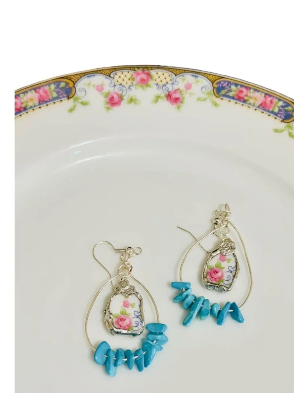 Bavaria Franklin 4177 Rose China Earrings - Genuine Turquoise Accents Handmade - Picture 6 of 7